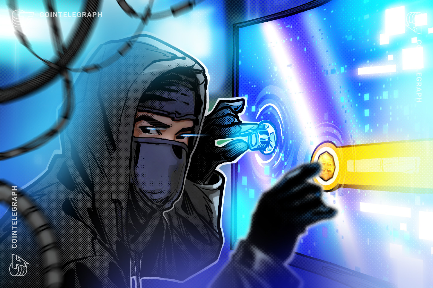 Digital graphic depicting a cryptocurrency exchange security breach and cyber network vulnerability.