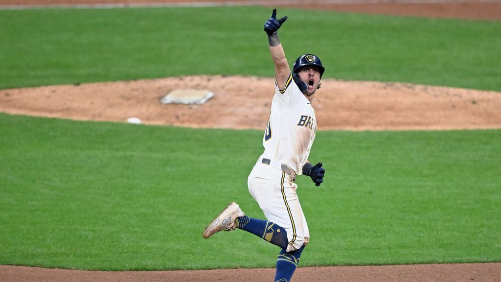 Sal Frelick watches his sixth-inning home run against the Rays in World Series Game 2.