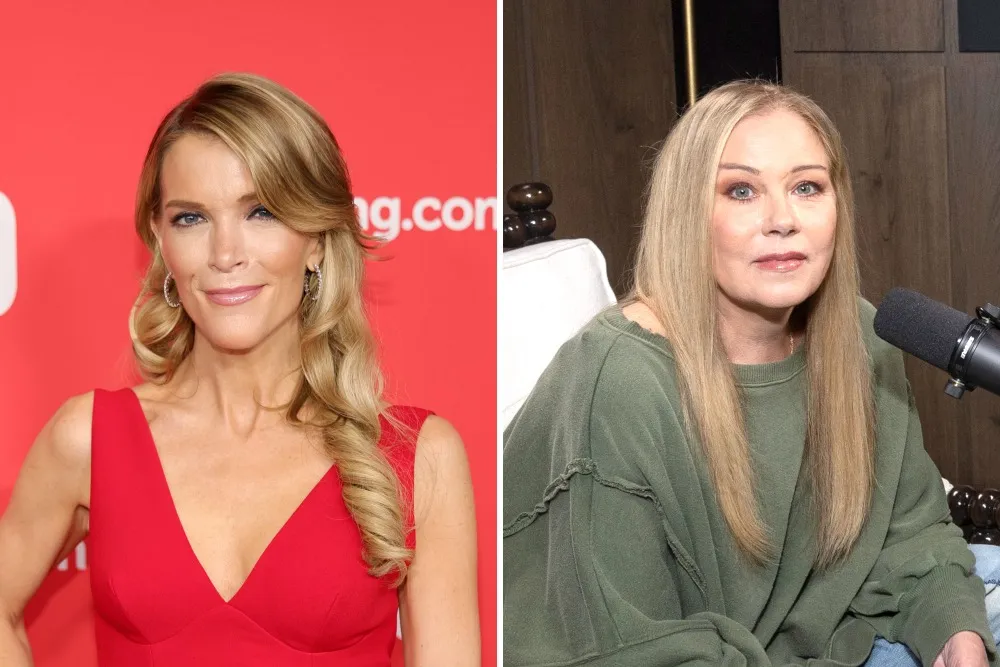 Megyn Kelly and Christina Applegate in side-by-side portraits discussing health and media controversy.