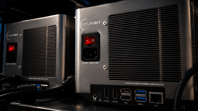 Illustration of a compact Bitcoin miner beside rows of industrial mining equipment