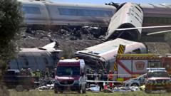 Wreckage of two high-speed trains after a collision near Urda in Spain's Toledo province, with emergency workers at the scene