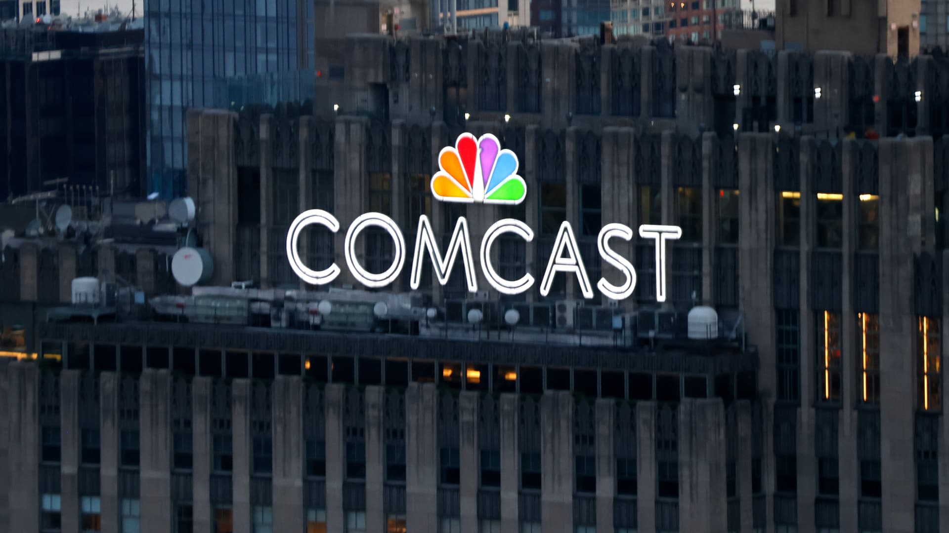 Comcast corporate headquarters building exterior and company logo