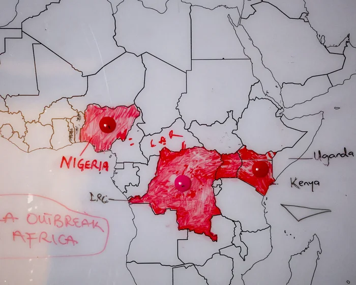 Map showing countries affected by Ebola outbreaks at Nigeria’s disease control headquarters in Abuja