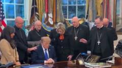 Catholic bishops gathered behind Donald Trump in prayer at the White House
