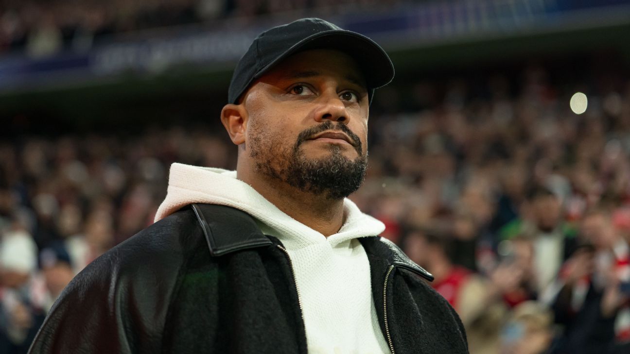 Bayern Munich head coach Vincent Kompany directing players from the touchline during a match