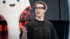 Meta CEO Mark Zuckerberg delivering a presentation on stage against a tech conference backdrop.